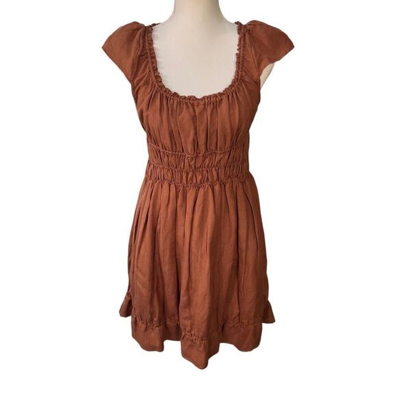 Anthropologie Smocked Waist Linen Blend Mini Dress Brown Size Large - Picture 1 of 7